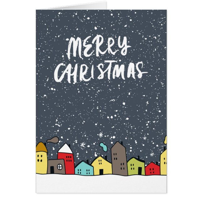 God jul, Winter Houses Illustration Hälsningskort (Framsidan)