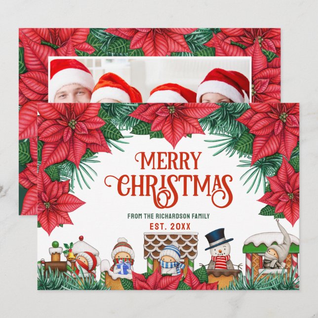 God jul Winter Poinsettia Red Anpassningsbar Photo Julkort (Fram/baksida)