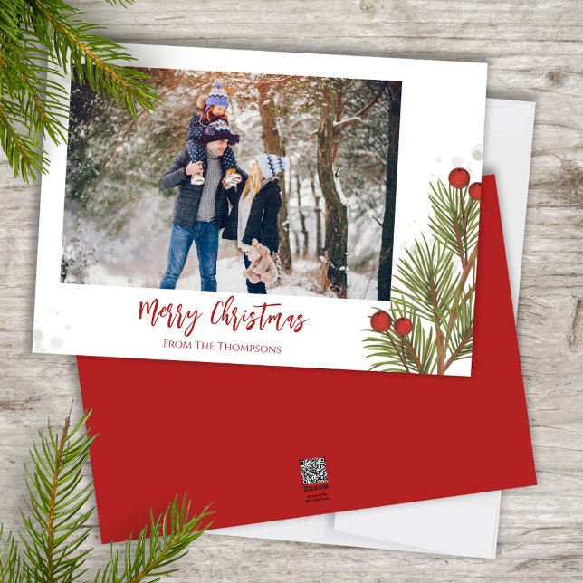 God jul Winter Red Holly Berries 1 Photo Julkort (Merry Christmas watercolor greenery holiday photo card template. )