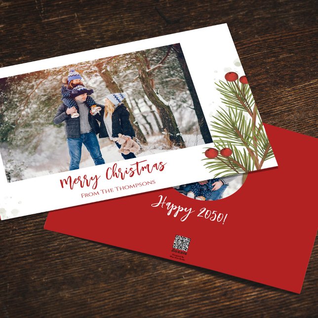 God jul Winter Red Holly Berries 2 Photo Julkort (Merry Christmas watercolor greenery holiday photo card with a two photo template. )