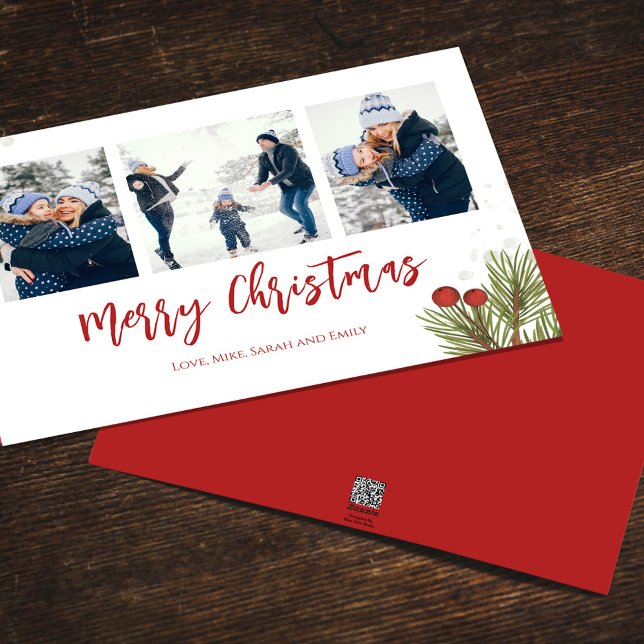 God jul Winter Red Holly Berries 3 Photo Julkort (Merry Christmas watercolor greenery holiday photo card with a three-photo template. )