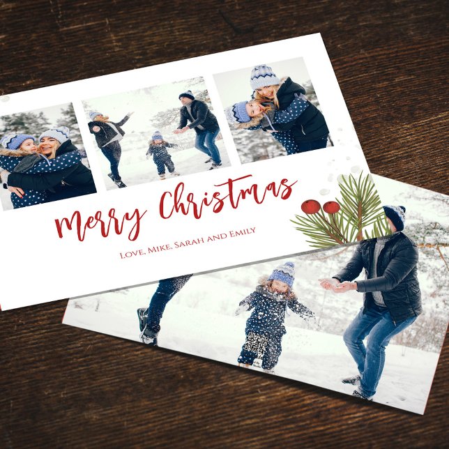 God jul Winter Red Holly Berries 4 Photo Julkort (Merry Christmas watercolor greenery holiday photo card with a four-photo template. )