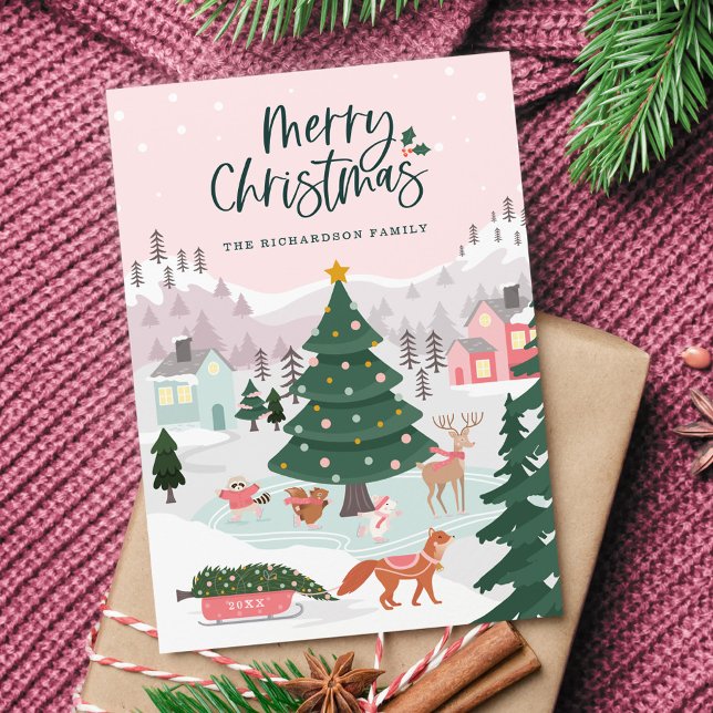 God jul Winter Wonderland Woodland Animals Julkort (Merry Christmas Winter Wonderland Woodland Animals Holiday Card)
