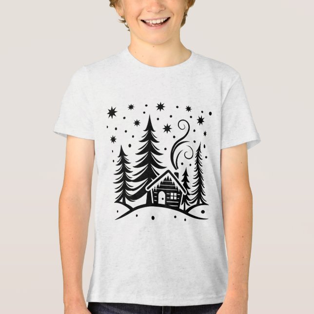God jul Wonderland Träd House och Stars T Shirt (Framsida)