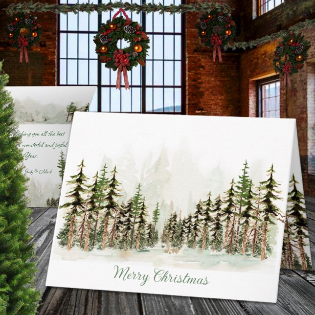 God jul Woodland Gräs Forest Watercolor Helgkort (Merry Christmas Woodland Pine Forest Watercolor Holiday Wraparound Graphics Folded Card)