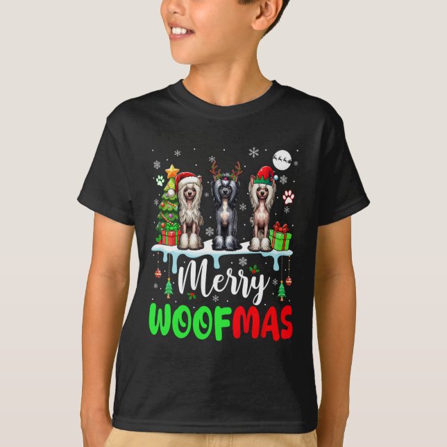 God jul Woof Three Santa Elf China Vapensköld T Shirt (Framsida)