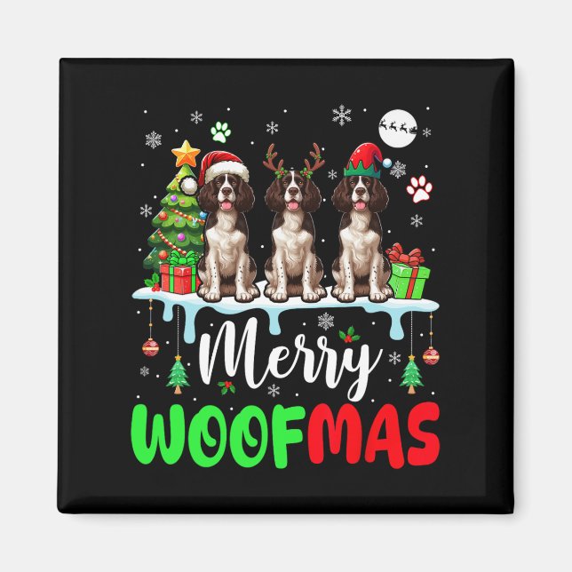 God jul Woof Three Santa English Springer Magnet (Framsidan)