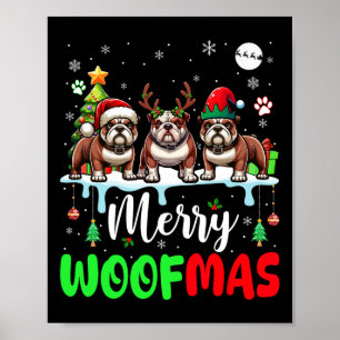 God jul Woof Three Santa Reindeer Elf Bull Poster