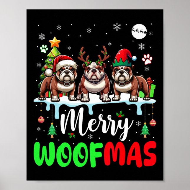 God jul Woof Three Santa Reindeer Elf Bull Poster (Framsidan)