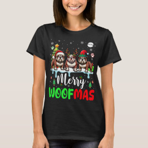 God jul Woof Three Santa Reindeer Elf Bull T Shirt