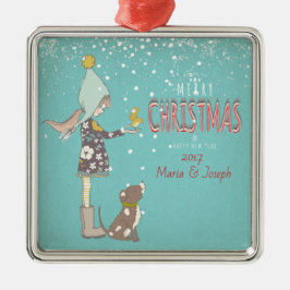 God jul- X-mas Girl-Hund, redigerbar text på Julgransprydnad Metall