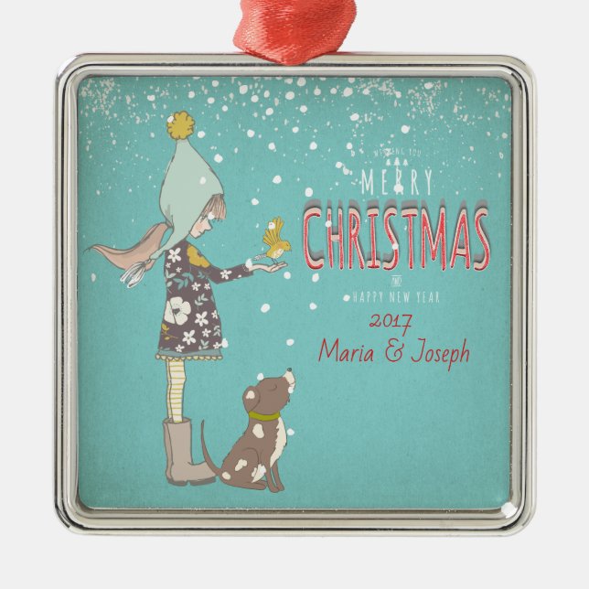 God jul- X-mas Girl-Hund, redigerbar text på Julgransprydnad Metall (Framsidan)