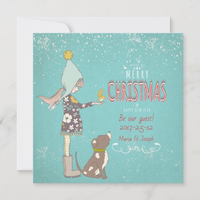 God jul- X-mas Girl-Hund, redigerbar text på Julkort (Framsida)