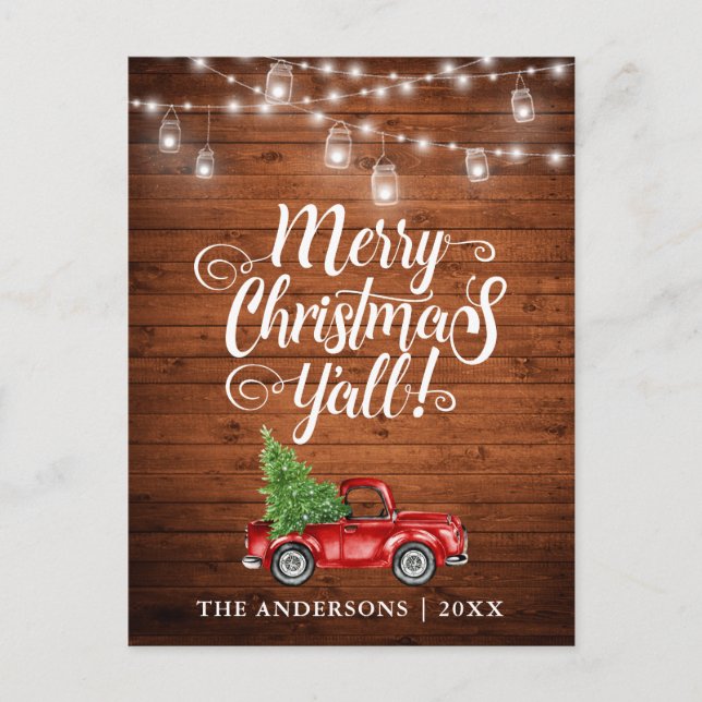 God jul Y'all Burk Ljus Lastbil Wood Vykort (Framsida)