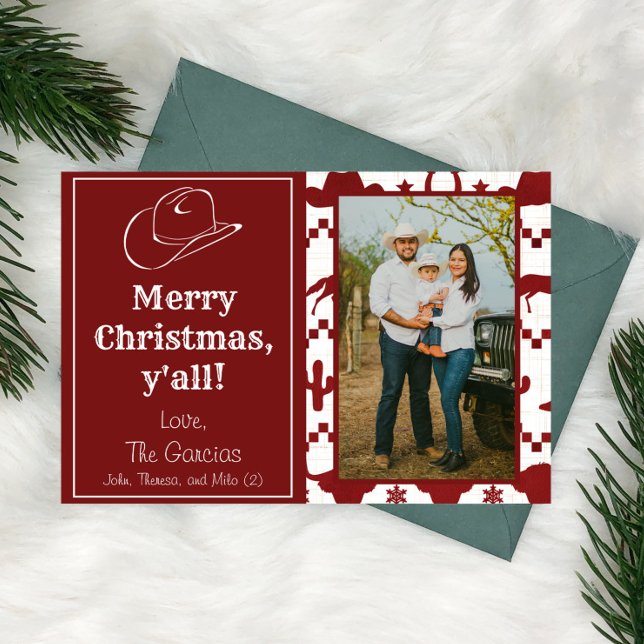 God jul Y'all Cowboy Photo Helgdag Card Julkort (Merry Christmas y'all funny western cowboy texan christmas card red & white ugly sweater cowboy hat)