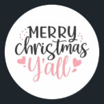 God jul Y'all Graphic Design Runt Klistermärke<br><div class="desc">En festlig och glad "God jul Y'all"-design med elegant svart och rosa-typografi med hjärtaccenter,  perfekt för helgdag-temade projekt,  gåvor och dekorationer. Perfekt för hälsningskort,  digitala utskrifter.</div>