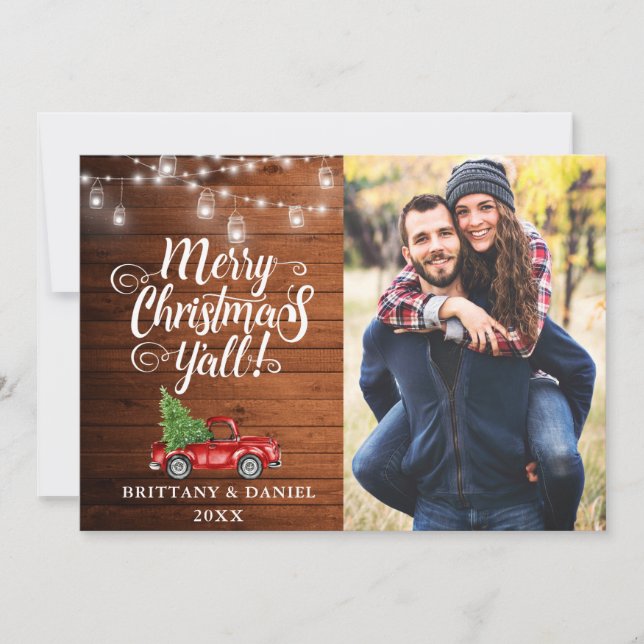 God jul Y'all Ljus Wood Lastbil Photo Julkort (Framsida)