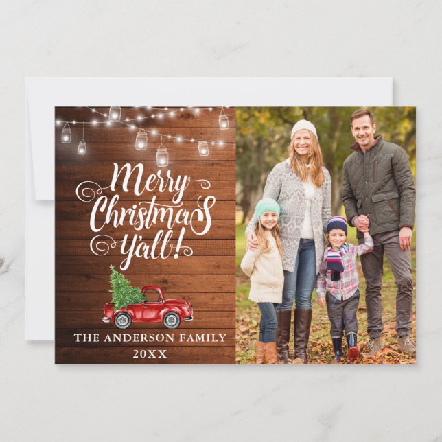 God jul Y'all Photo Ljus Wood Lastbil Julkort (Framsida)