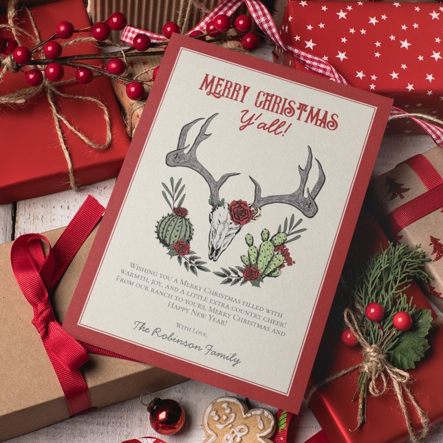 God jul Y'All Reindeer Skull och Cactus Julkort (Country Western Merry Christmas Y'All Xmas Card. Hand-Drawn Reindeer, Antlers, Cactus, Red Roses.)