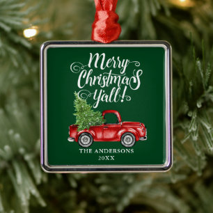 God Jul Y'all Röd Lastbil Grön Fyrkant Julgransprydnad Metall