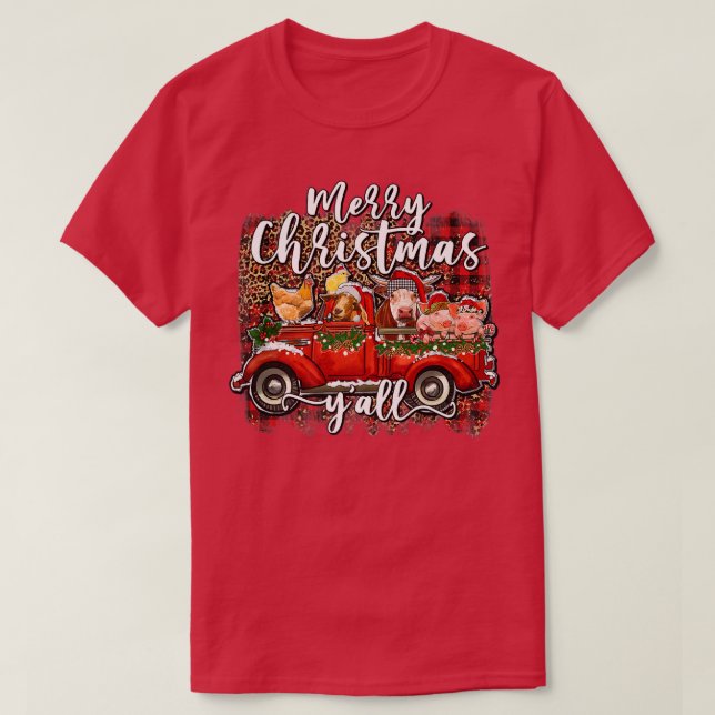 God jul Yall Santa Animals Farm Red Lastbil T Shirt (Design framsida)