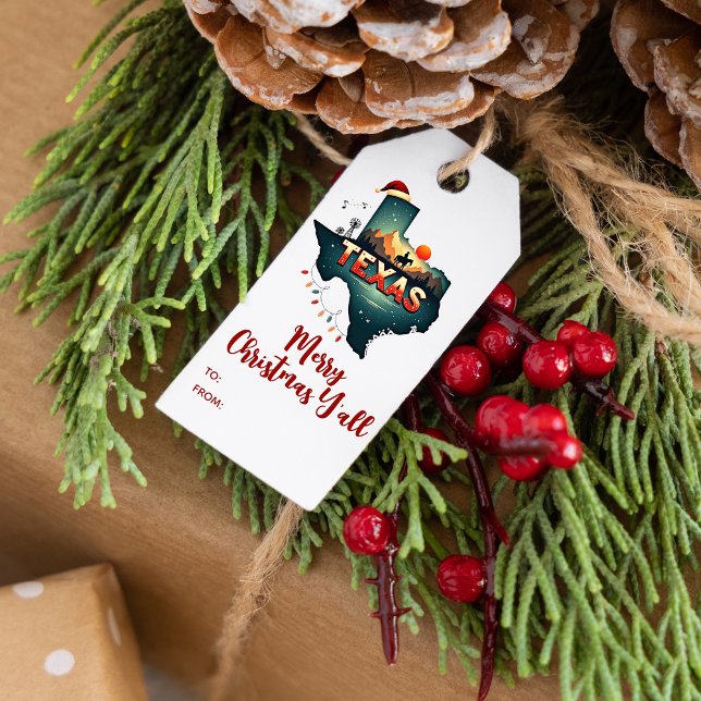 God jul Y'all Texas State Anpassningsbar Helgdag Presentetikett (Text is fully editable, you can add names too.  Matching items in the collection)