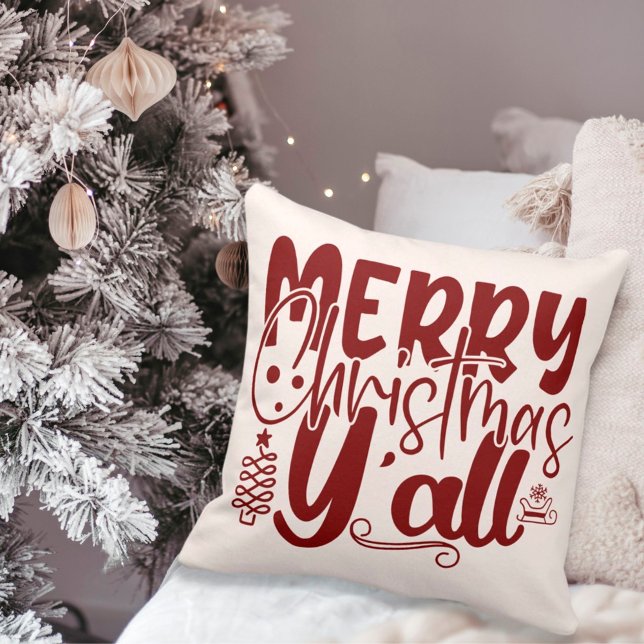God jul Y'all Typography Helgdag Cream Kudde (Skapare uppladdad)