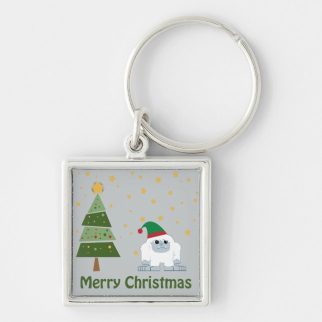 God jul Yeti Fyrkantig Silverfärgad Nyckelring (Framsidan)