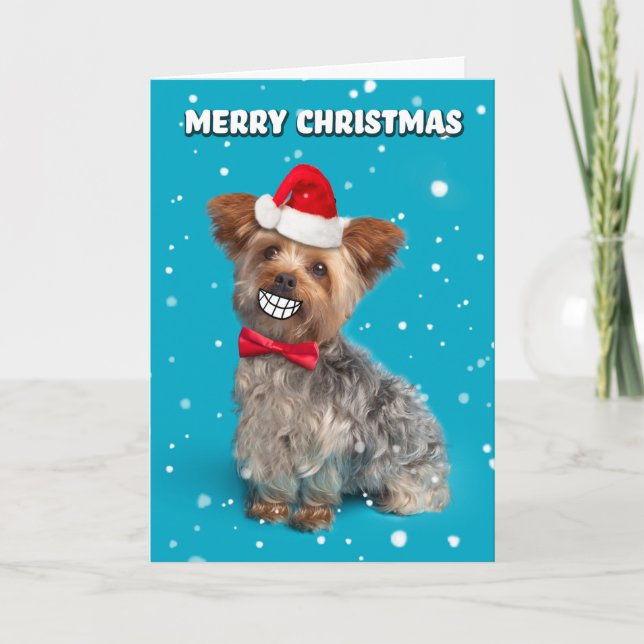 God jul Yorkie Hund i Santa Hat Smiling Helgkort (Framsida)