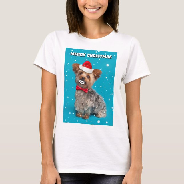 God jul Yorkie Hund i Santa Hat Smiling T Shirt (Framsida)