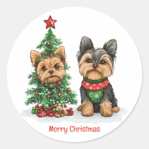 God Jul Yorkie Hundar Runt Klistermärke