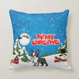 God julBoston Terrier med en snögubbe Kudde