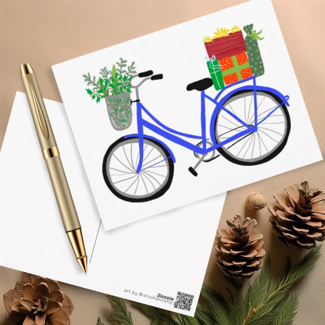 God julklapp Helgdag Julafton-gåvor Vykort (Cheerful holiday bicycle postcard with gifts and cheer! Customize with your own text)