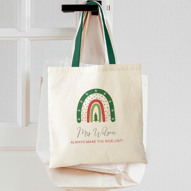 God Jullärare Regbow Nicelista Tygkasse (Teachers Always Make The Nice List Rainbow Christmas Tote Bag)