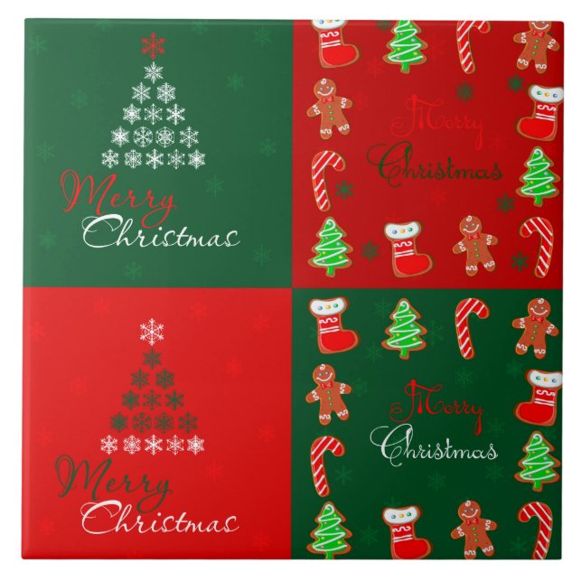 God julPatchwork i vintergrönt och rött Kakelplatta (Framsidan)