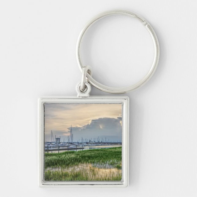God kväll vid Charleston Harbour Fyrkantig Silverfärgad Nyckelring (Framsidan)