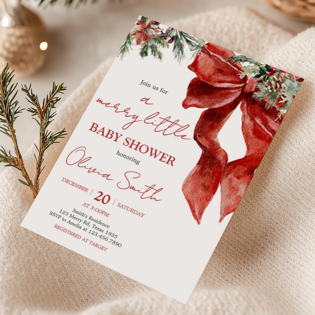 God Little jul Baby Shower Inbjudningar (Red Bow Merry Little Christmas Baby Shower Invitation)
