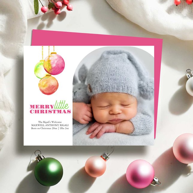 God Little jul Photo Tillkännagivande för födelse Helg Vykort (Christmas birth announcements  with photo features watercolor bauble art by Victoria Grigaliunas)