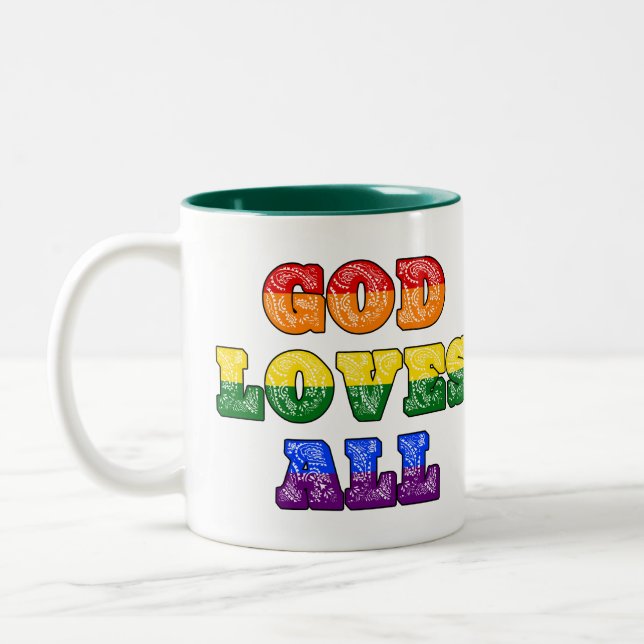 "God Loves All" Gay/LGBTQIA+/Queer Christian Pride Två-Tonad Mugg (Vänster)