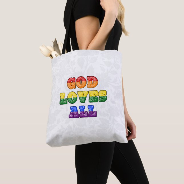 "God Loves All" Gay/LGBTQIA+/Queer Christian Pride Tygkasse (Närbild)