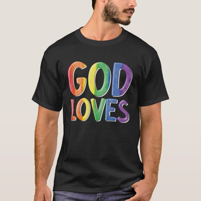 God Loves  Gay Christian LGBTQ Christian Pride Par T Shirt (Framsida)