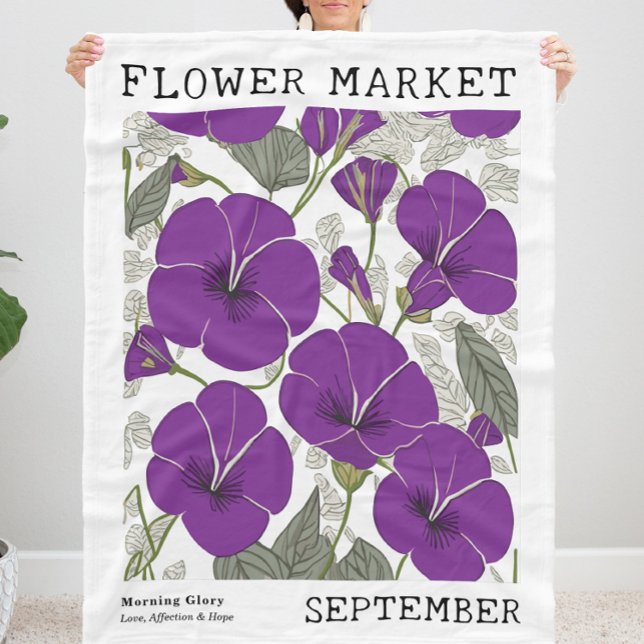 God morgon, Blommigt på världsmarknaden Fleecefilt (Personalized September Birth Flower Market Print Fleece Blanket, Customizable Morning Glory Blanket)