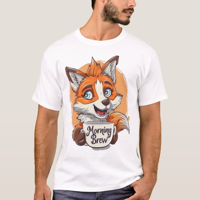 God morgon Brew" Fox Coffee Älskare Whimsical Wake T Shirt (Framsida)