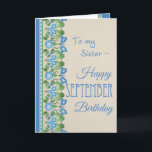 God morgon, födelsedagskort i september för syster kort<br><div class="desc">Ett söt September-födelsedagskort för en syster,  med nostalgiskt mönster av ljusblå morgonblommor (höstens månatliga blomma) på stenbakgrund. En del av "God morgon Glory"-samlingen Posh & Painterly. (Det här mönster passar alla gratulationskortsstorlekar.)</div>