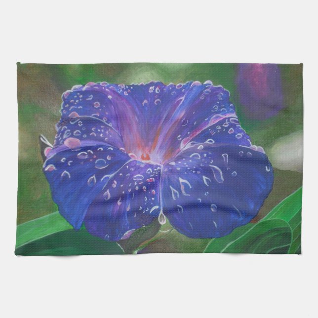 God morgon Glory (Ipomoea Purpurea) Petals och Dew Kökshandduk (Horisontell)
