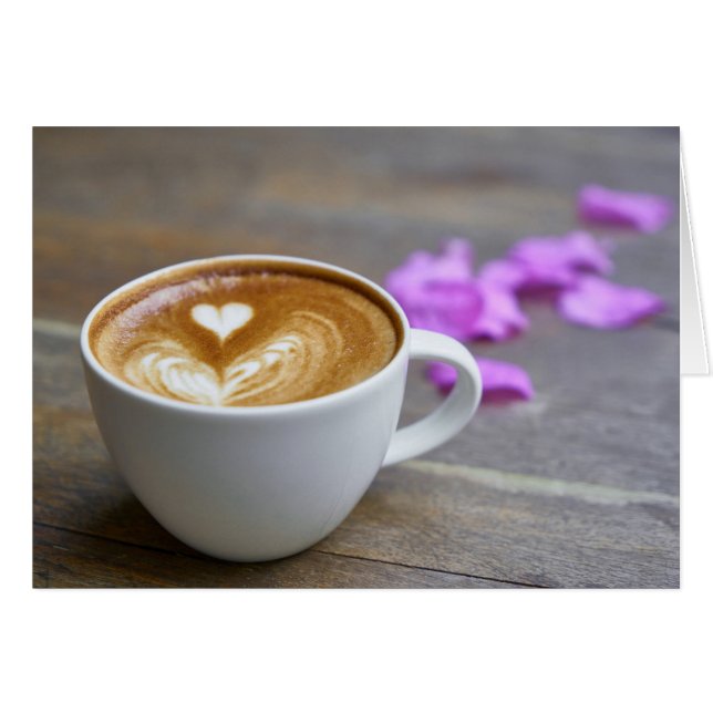 God morgon Kopp latte med hjärtformat skum Hälsningskort (Framsidan Horizontal)