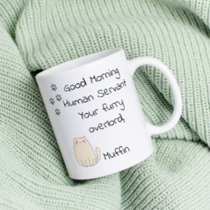 God morgon mänsklig tjänare från katt kaffemugg