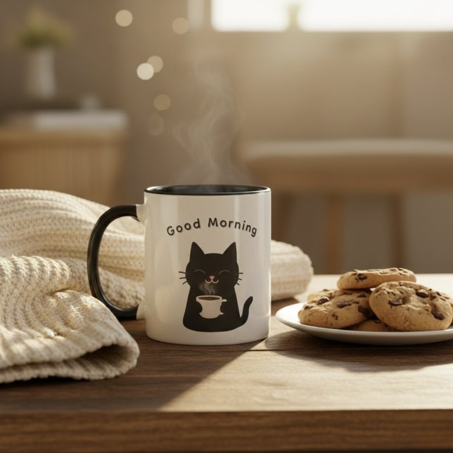 God Morgon med Söt Svart Katt Kaffe Mugg (Skapare uppladdad)
