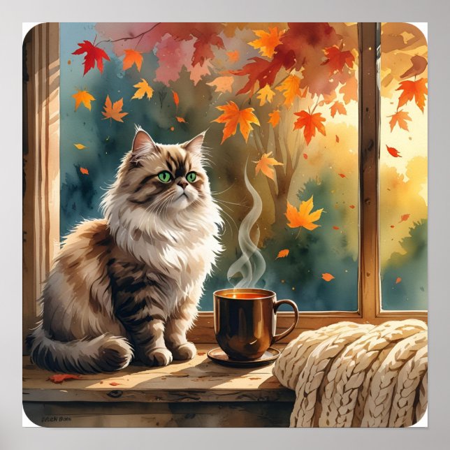 God morgon Mews - Katt med kaffe och Löv Art Poster (Framsidan)