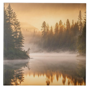God morgon Mist vid floden i Gräs Kakelplatta